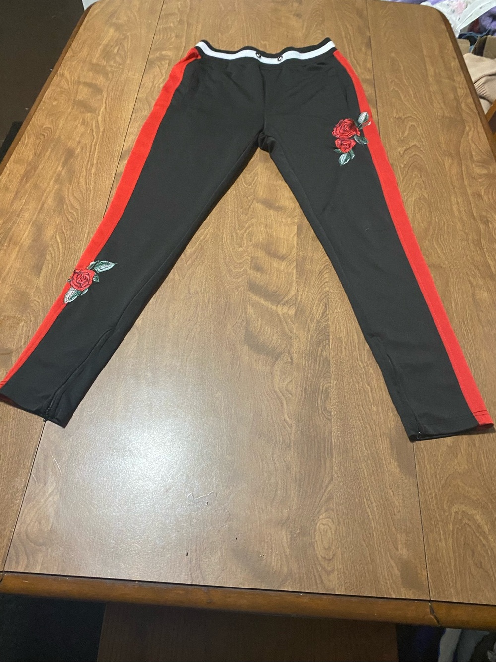 Black Track Joggers with Red Rose Stripe
